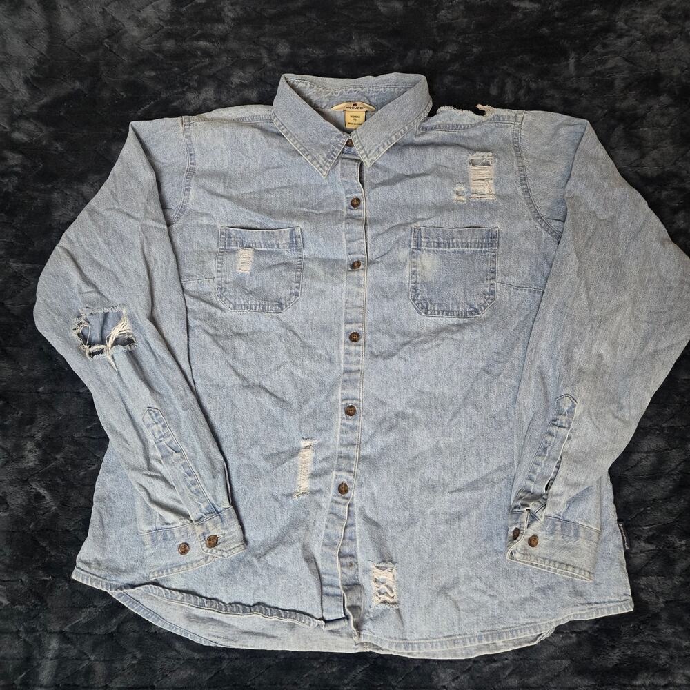 Woolrich Women's Bleached Distressed Long Sleeve Denim Shirt - Size XL